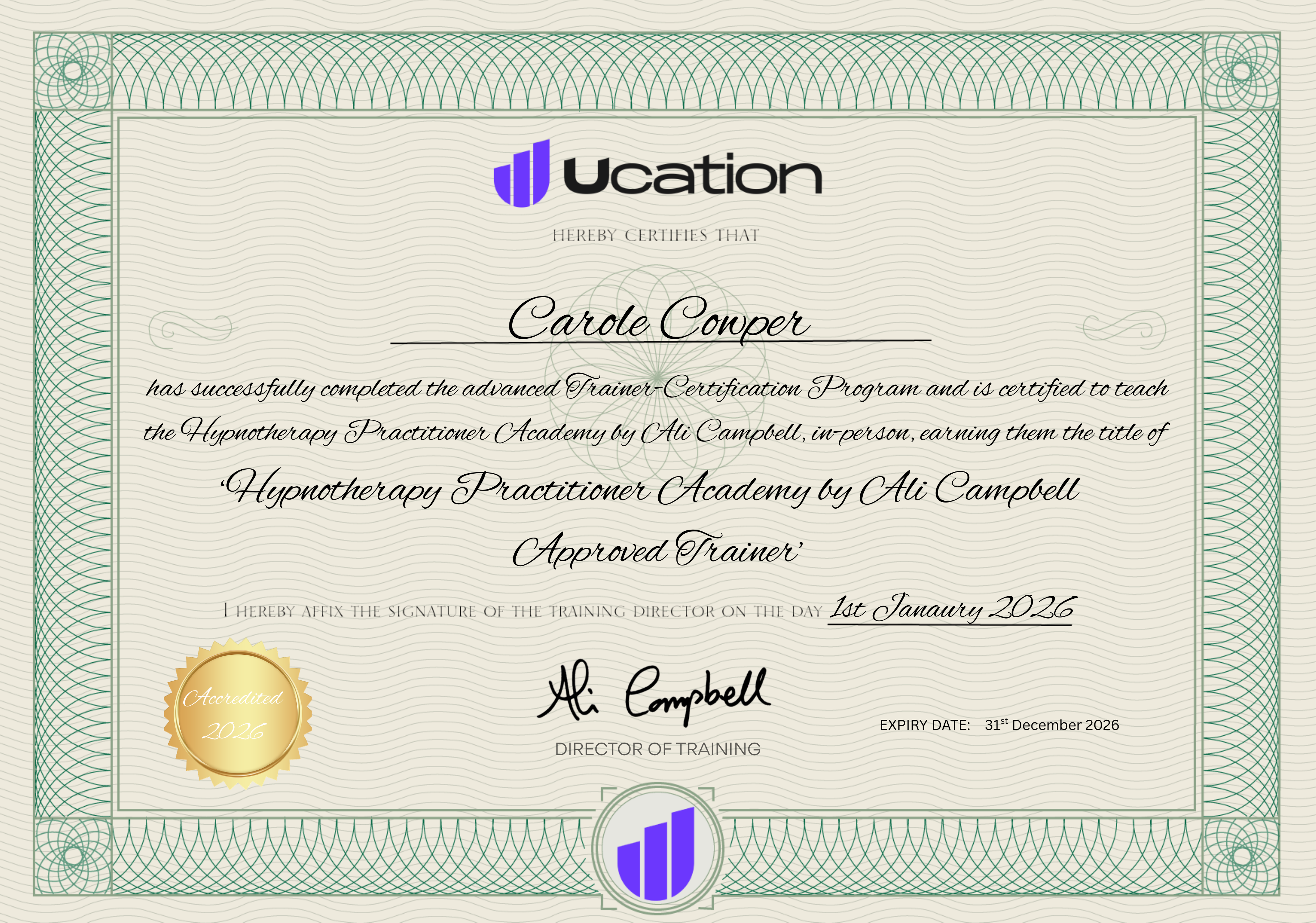 Carole Anne Cowper. Hypnosis Practitioner Academy by Ali Campbell Approved Trainer Certificate